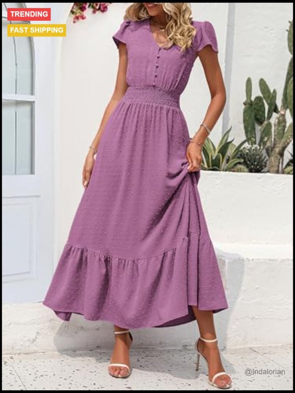 Swiss Dot Maxi Dress with Smocked Waist and Ruffle Hem - Picture 2 of 7